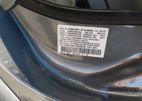 2007 Honda Odyssey Ex-L z USA, uszkodzony, nr VIN 5FNRL38727B434210